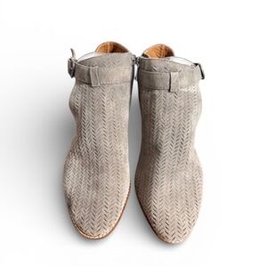 Lucky Brand Gray Suede Perforated Ankle Boots Buckle Side Zip Women Size 9.5
